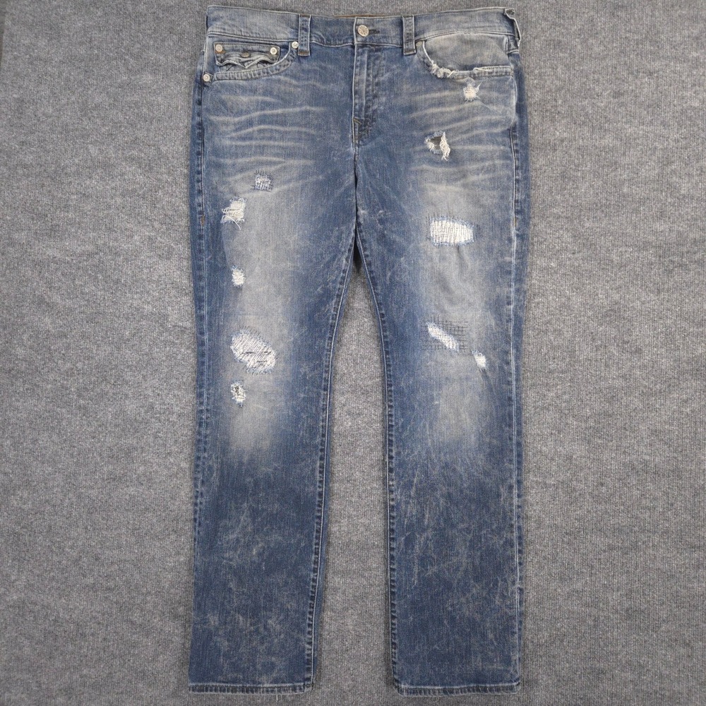 True Religion Jeans Mens 38X34 Ricky Relaxed Straight Patchwork Distressed Flap